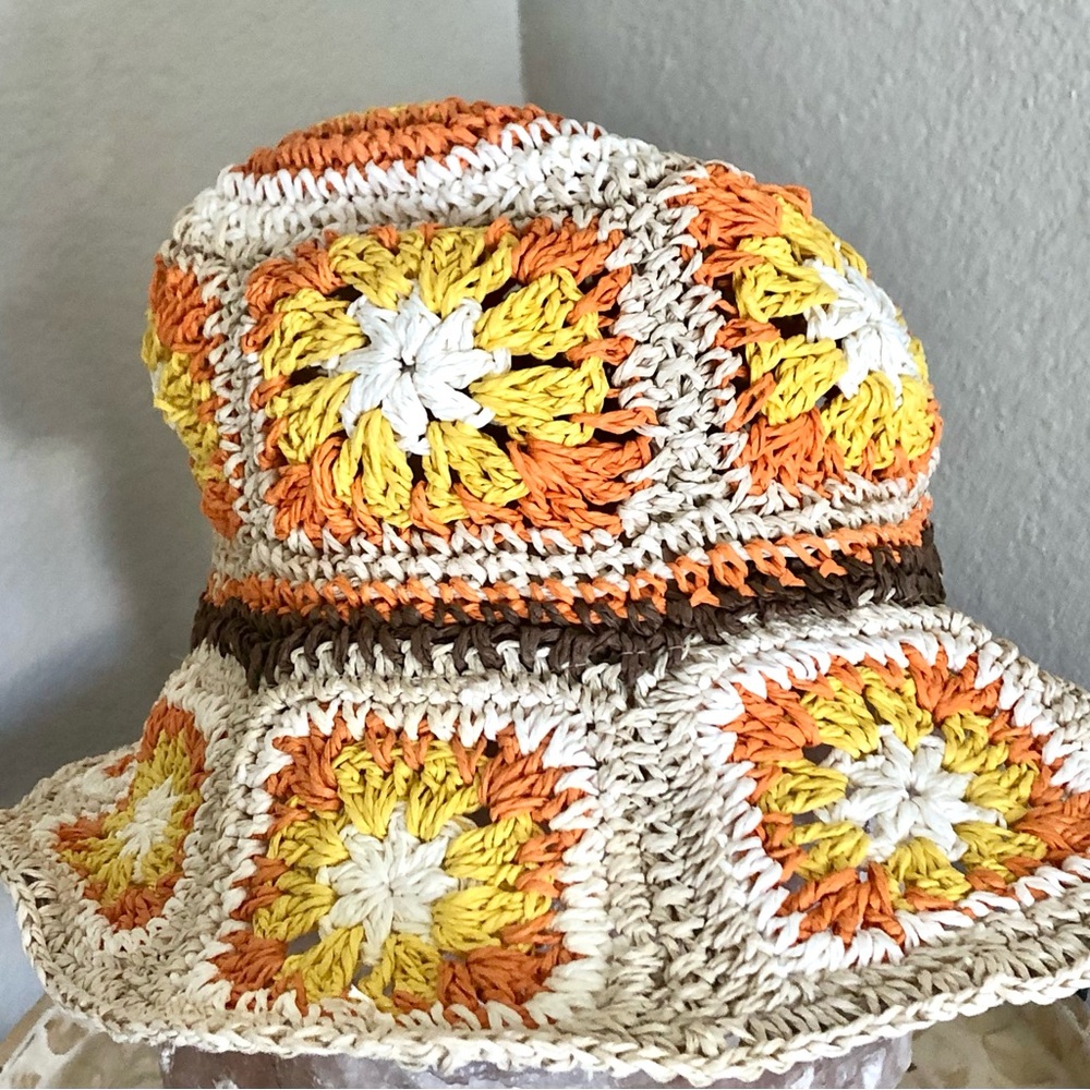 Steve Madden Crochet Sunflower Bucket Hat in Cream, Yellow & Orange